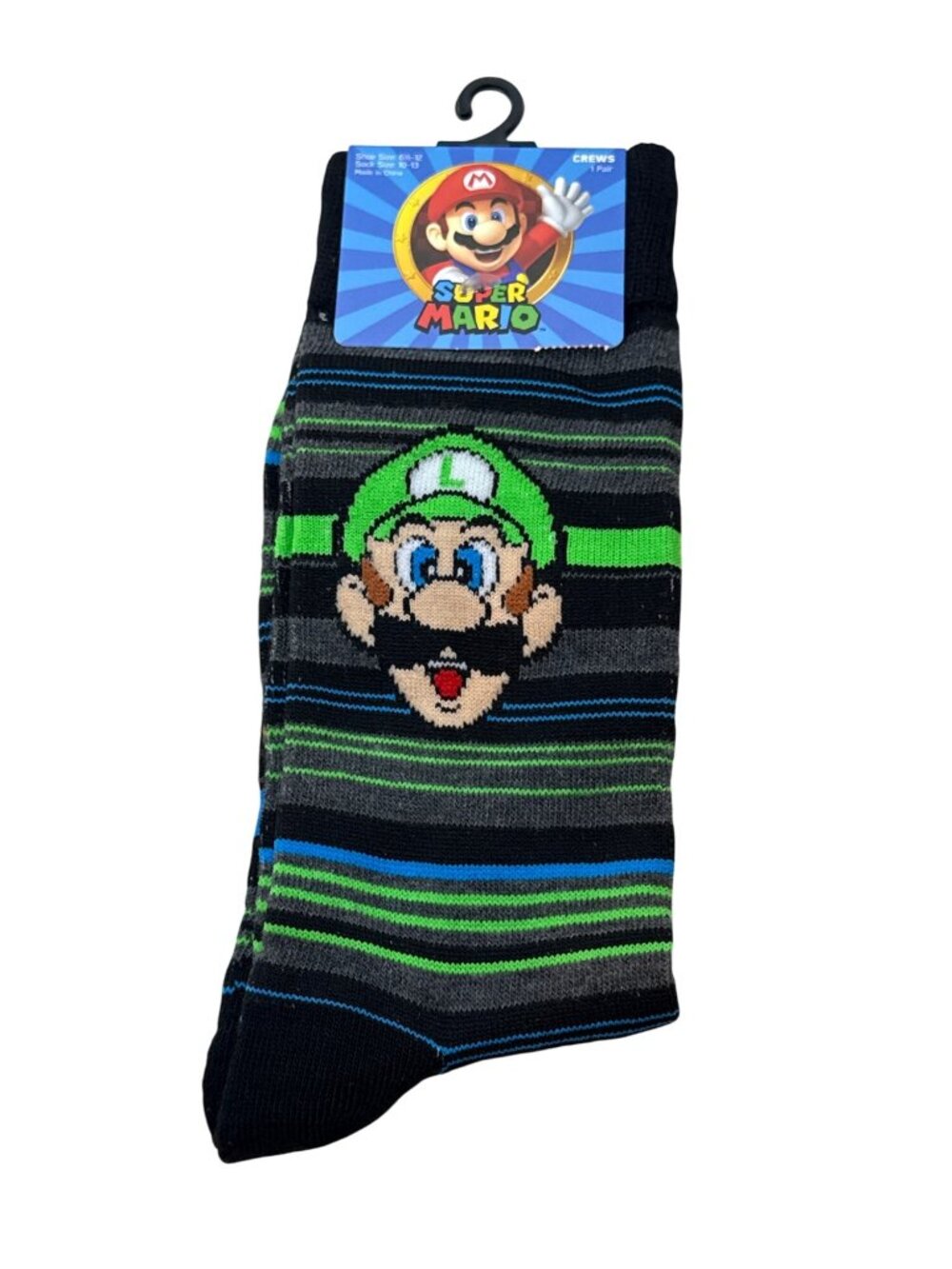 Striped Luigi Graphic Crew Socks NWT Men’s 6-12 Fun Novelty Cartoon